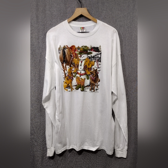 Fruit of the Loom Other - Fruit Of The Loop Snowman Cowboy Dogs Long Sleeve Shirt Mens XXL White Holiday